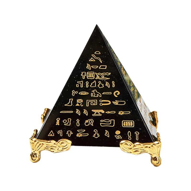 Natural Black Obsidian Egyptian Hieroglyph Pyramid, Hand Carved Energy Tower, Meditation Altar Reiki Healing Stone