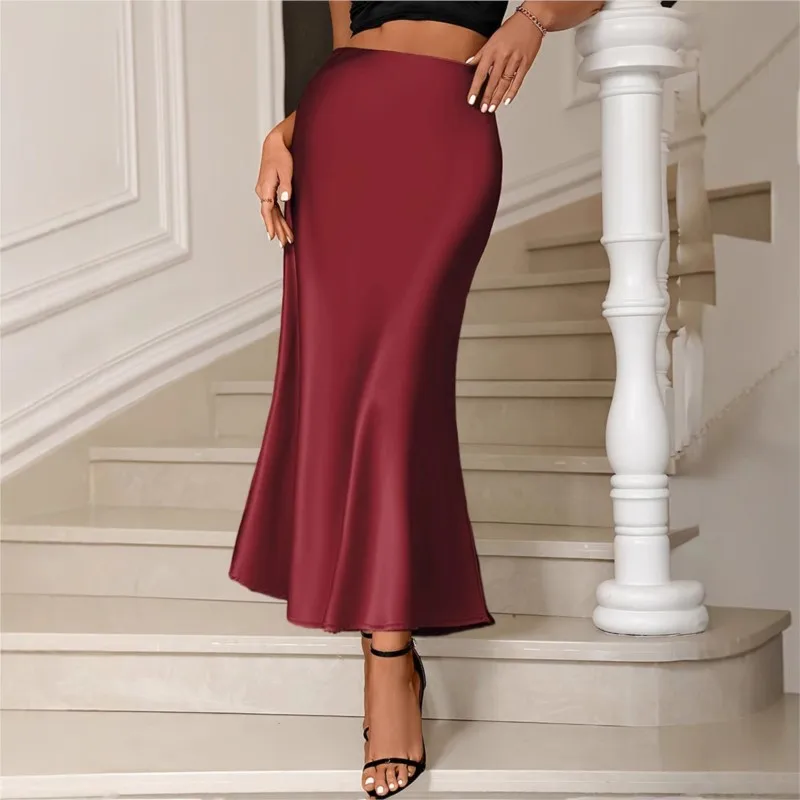 Solid Color Satin Complexion Ding Half Skirt For Women's Autumn New Texture Hanging High Waist Fish Tail Half Skirt Long Skirl