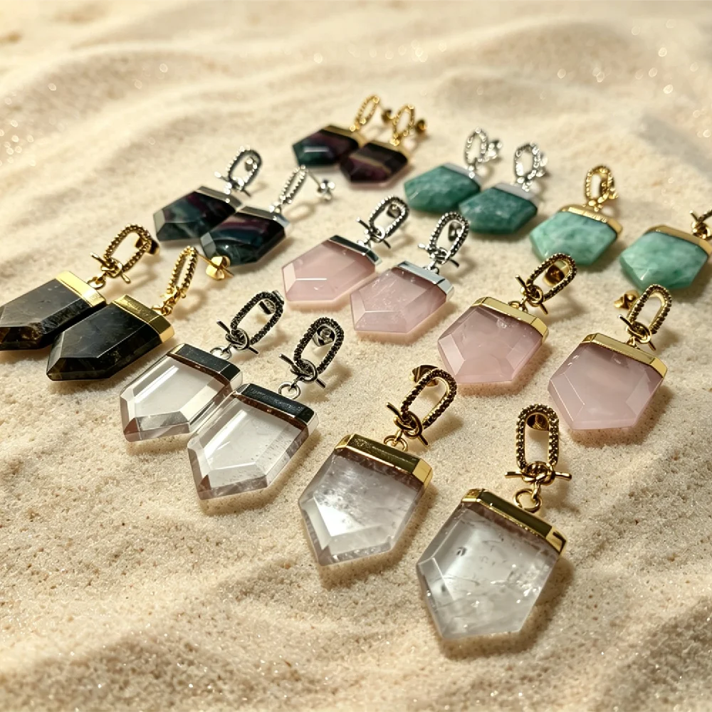 Mixed Natural Stone Shield Drop Earrings Golden Silver Tone Top Capped Huggie Hoop Wholesale Craft Parts E2R211