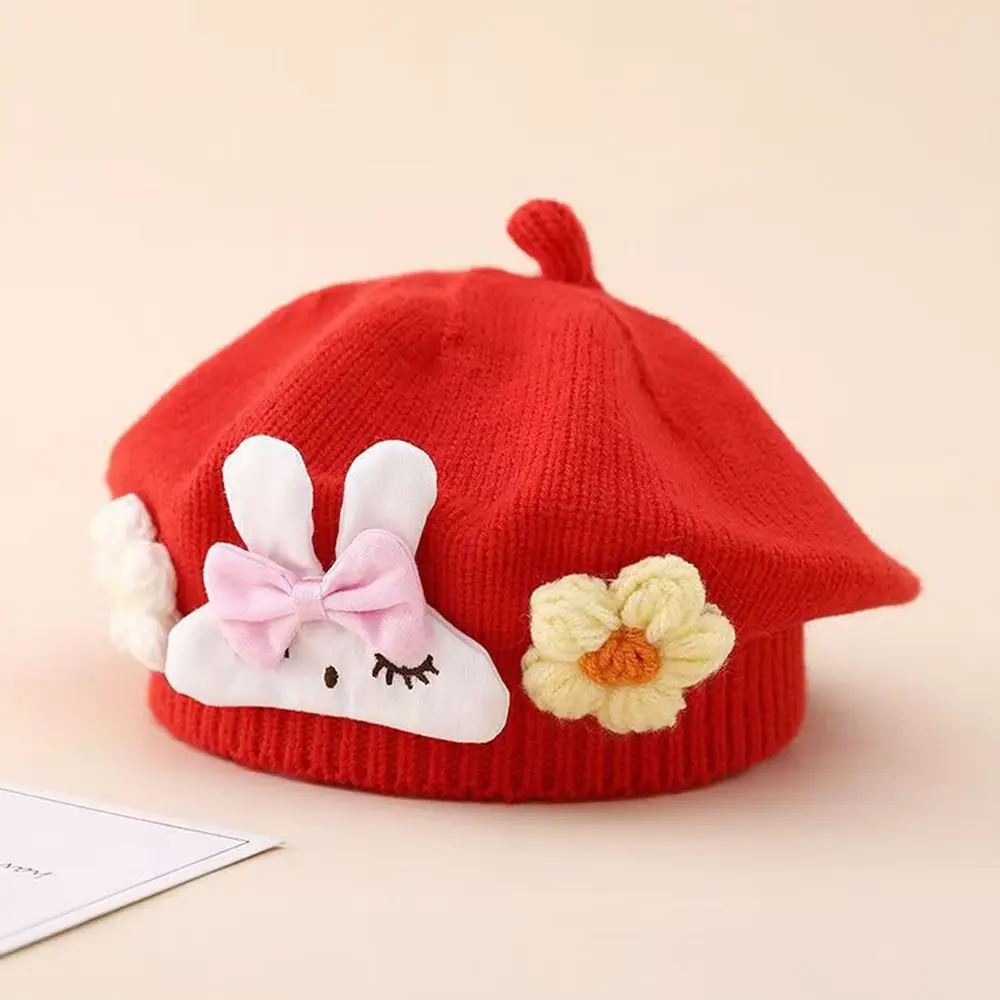 Cute Flower Beret Hat Soft Ear Protection Knitted Hat Windproof Korean Artist Painter Caps Infant Girls