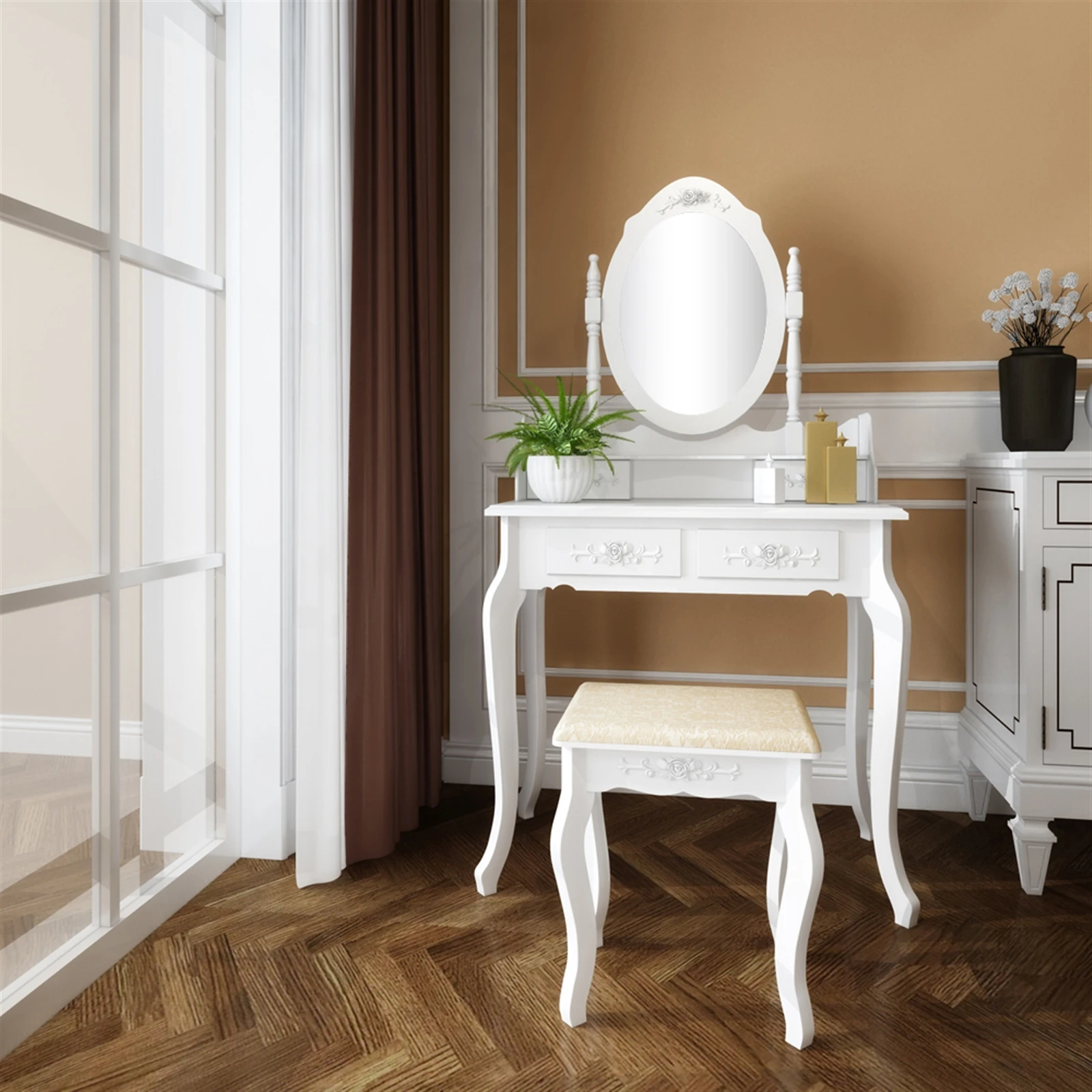 Vanity Table Bedroom Wood Table vanity benches with 360°RotationOval Mirror 4 Drawers Cushioned Stool for Bedroom Home White