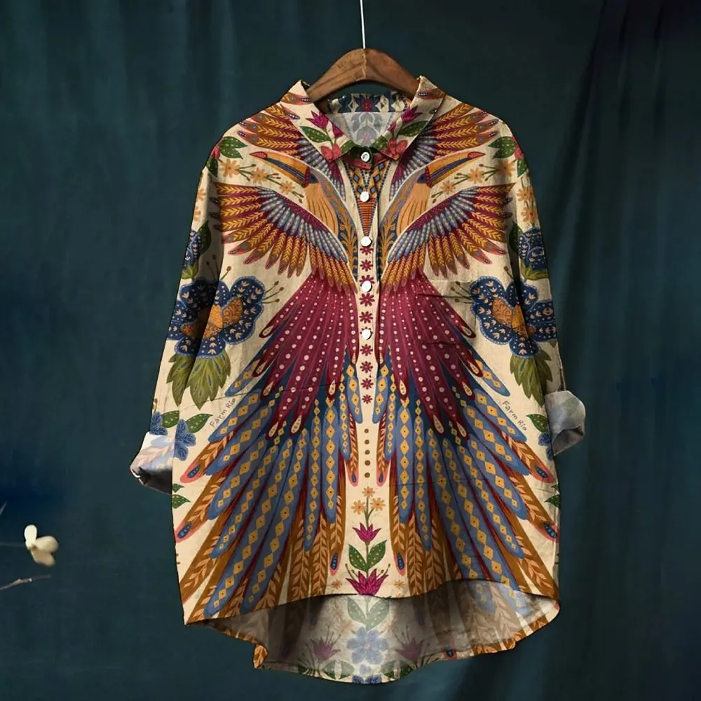 Vintage Phoenix Cat Art Pattern 3D Printed Fashion Women's Lapel Long Sleeve Pocket Shirt Spring Casual open tube shirt KT-09