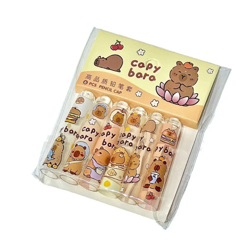 6PCS Cute Capybars Pencil Cap Non Toxic Kawaii Pencil Topper Covers Transparent Cartoon Pencil Extender Award Gifts