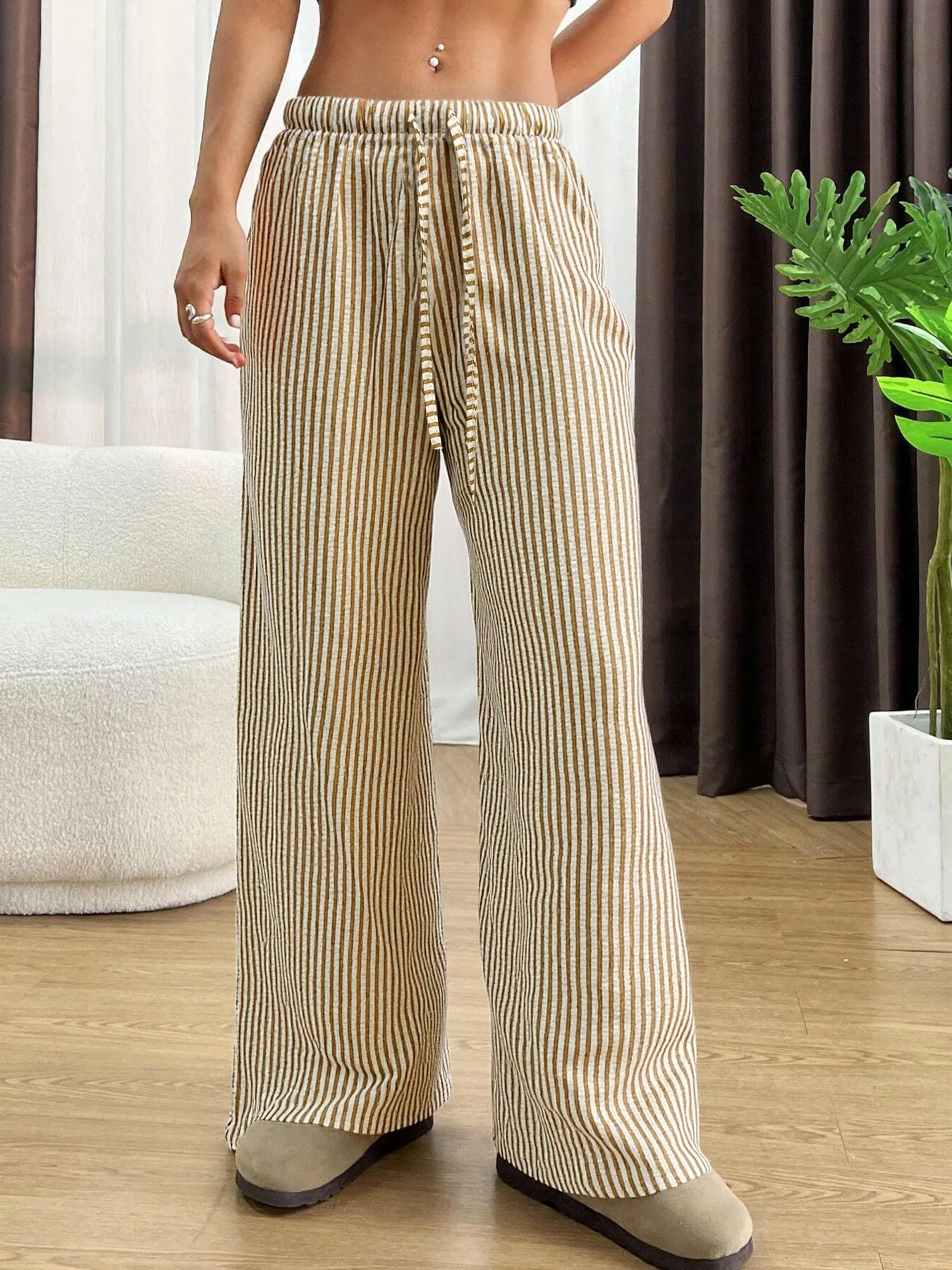 Amazon eBay 2025 Cross-Border Striped Loose Pants Women's Elastic Waist Wide Leg Pants American Style Trousers
