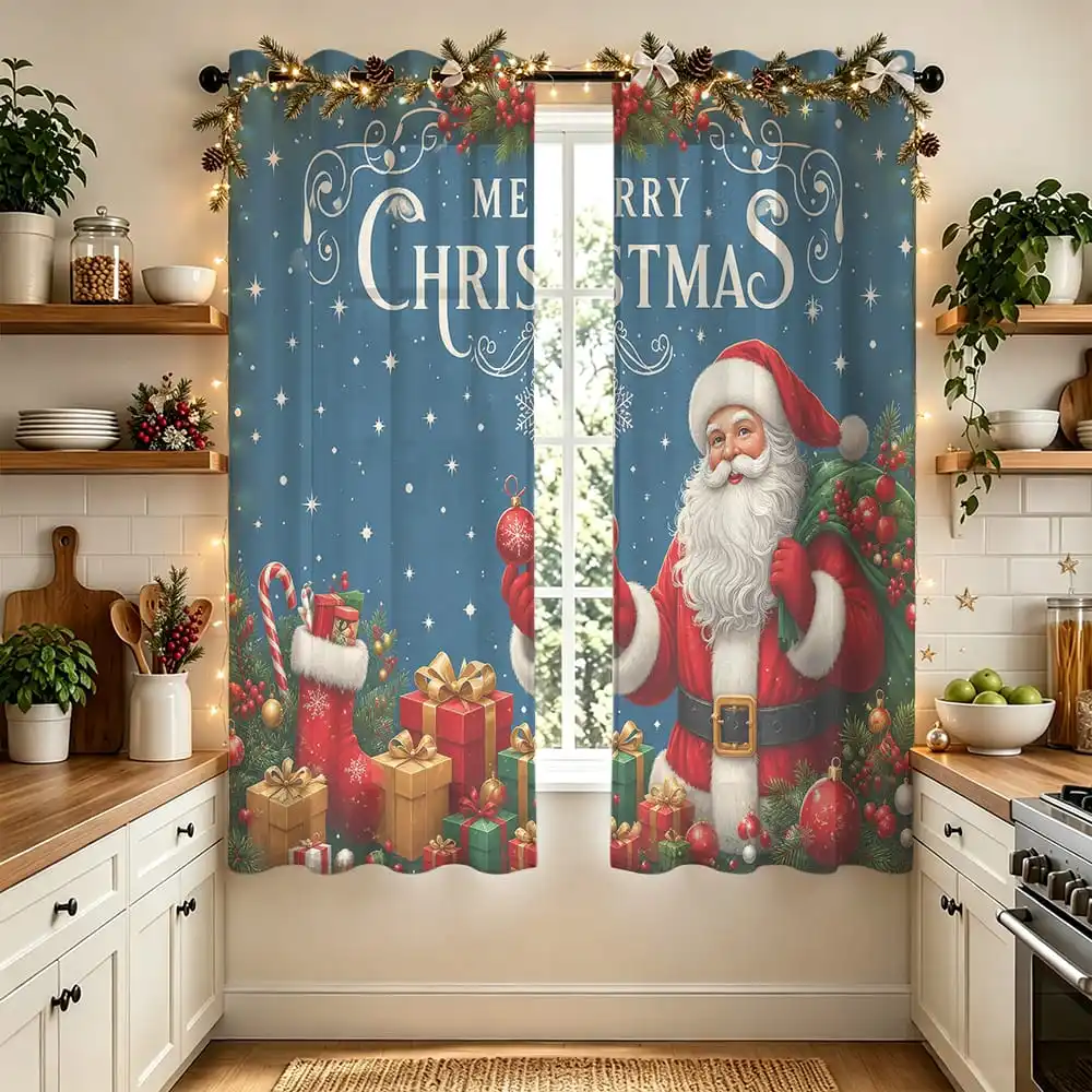 2pcs Merry Christmas Santa Printed Grommet Curtains Double Sided Window Drapes For Living Room Bedroom Holiday Xmas Home Inte
