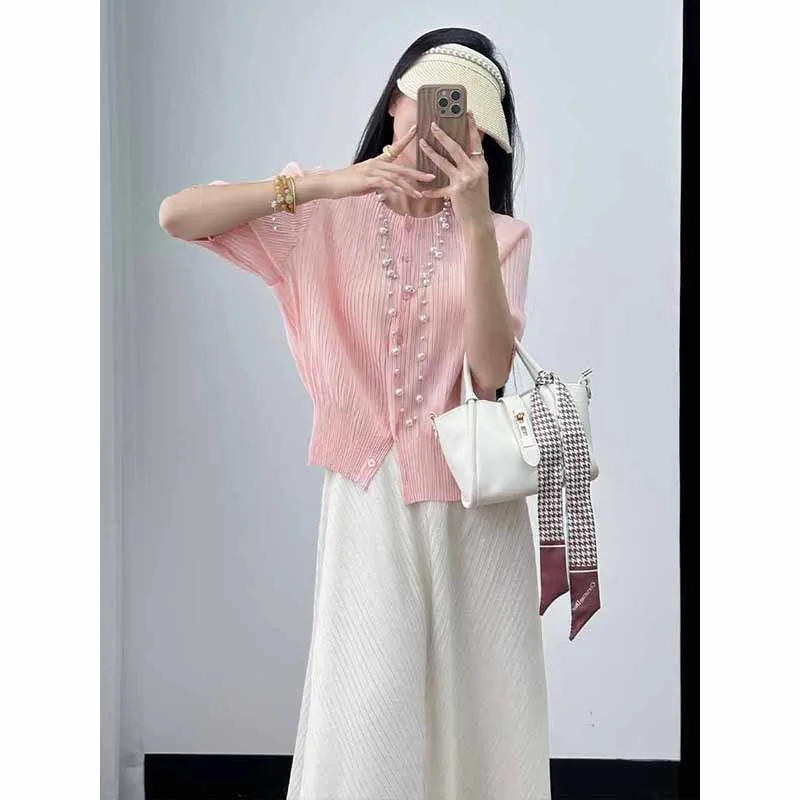 Miyake 2025 여름 신상 주름 단색 반팔 블라우스 고급 패션 캐주얼 다재다능한 단순한 기질