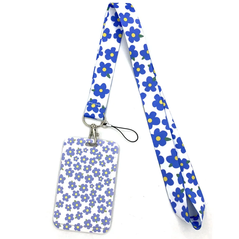 Blue Flowers Lovely Kind Neck Keychain Necklace Webbings Ribbons Anime Neck Strap Lanyard ID badge Holder Keychain Lanyards