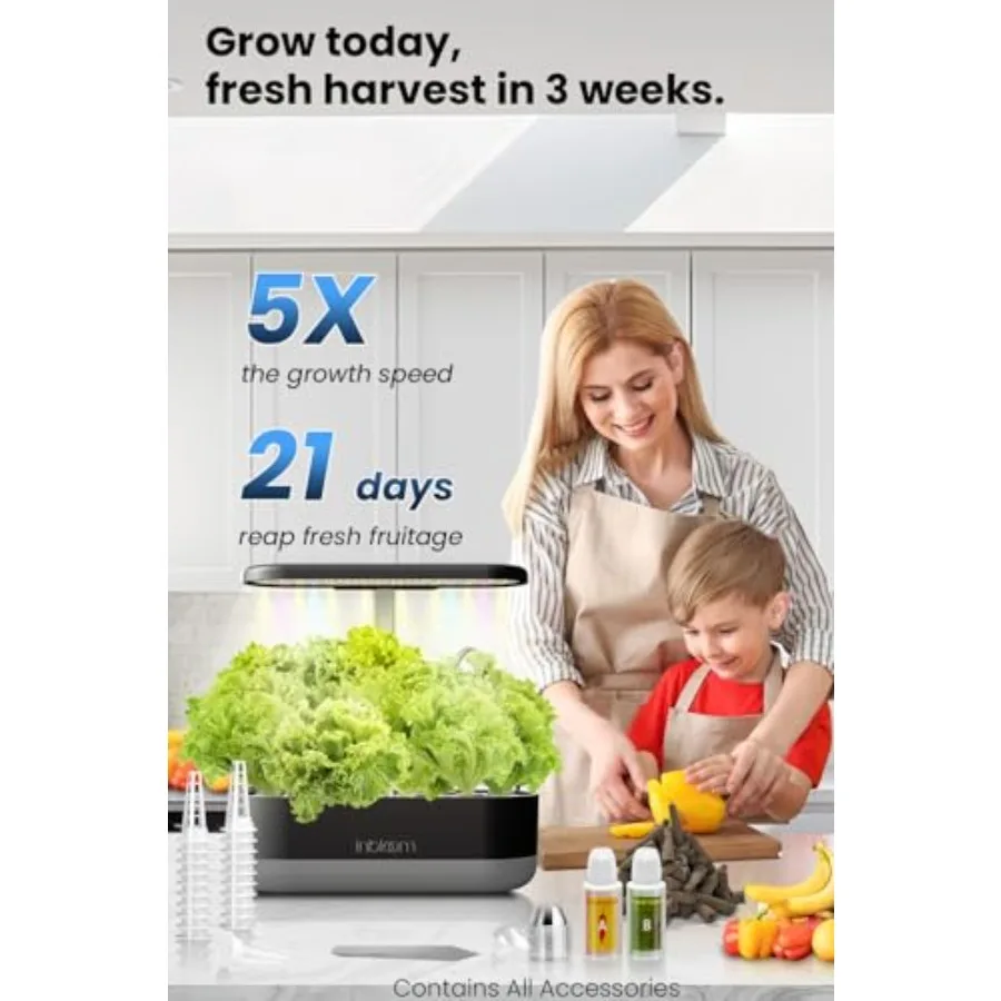 Indoor herb gardening hydroponics system with 12 pods, black ABS plastic, height-adjustable design, 4.2L water reservoir and pu