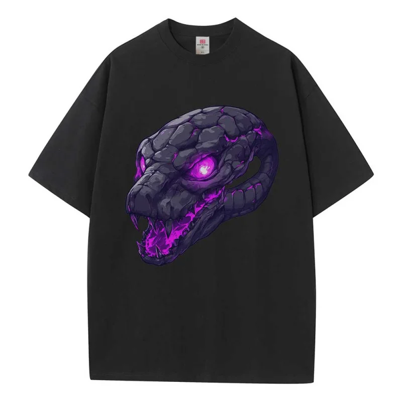 Cotton T Shirt Graphic Tees Baggy Dropped Shoulders Oversized Short Sleeve Petrified Skull Snake Graphic Unisex Tops