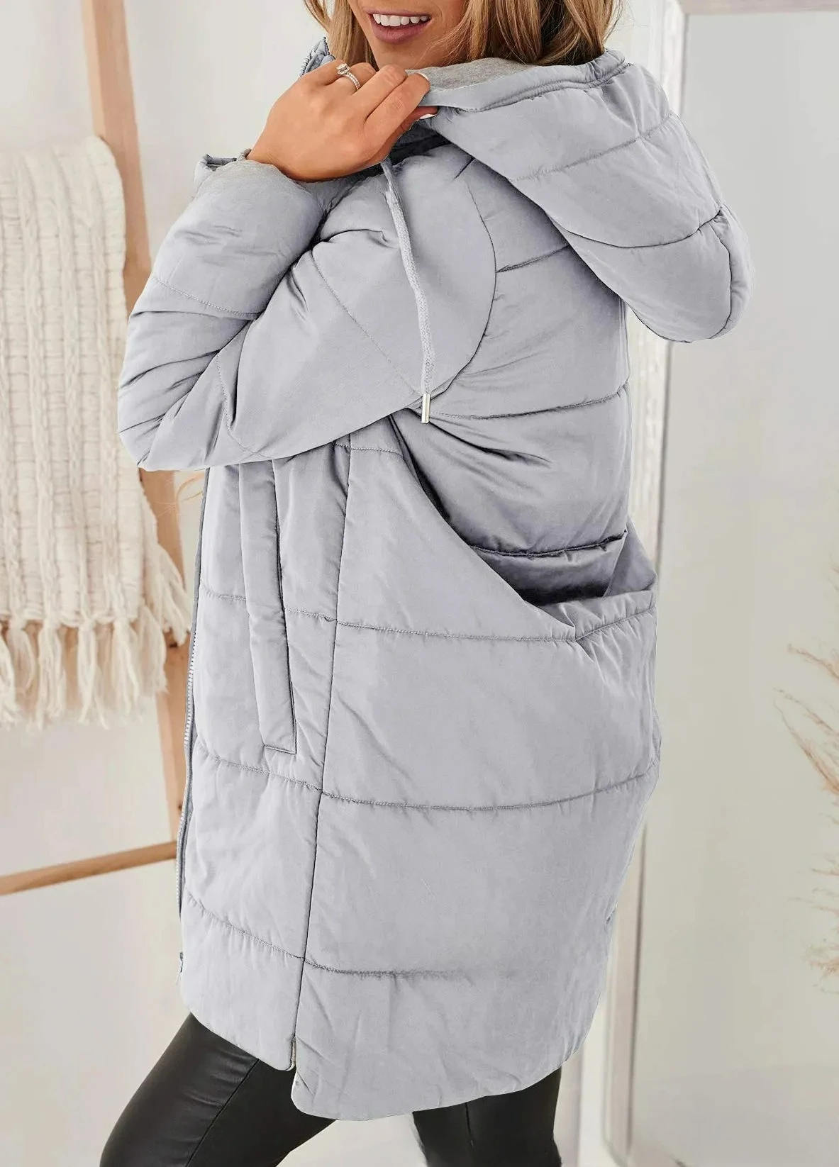 Damska kurtka zimowa z kapturem, bawełniana, dopasowany krój, długi rękaw, jednolity kolor, kieszenie, odzież wierzchnia, 2025
