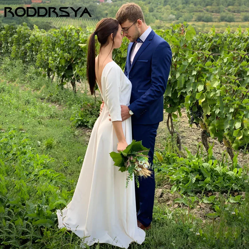 RODDRSYA Svadobné šaty Wedding Dresses Ivory Chiffon 3/4 Sleeve Backless Bridal Party O-Neck Floor Length Custom Made 2024