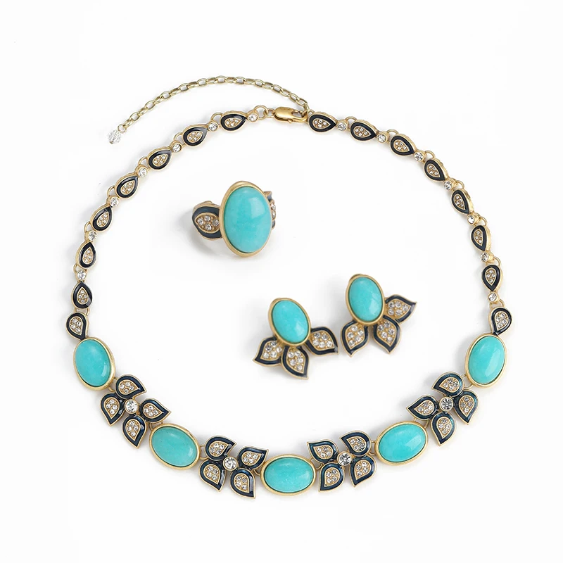 Vintage Blue Oval Agate Black Enamel Jewelry Sets Rhinestone Necklace Earring Ring Luxury Classic Wedding Gift For Women New