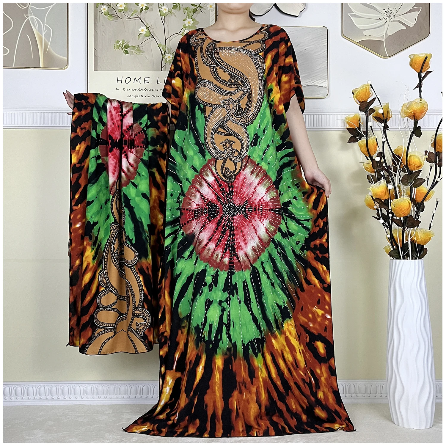 2024 New Muslim Women Dashiki Short Sleeved Dress Diamonds Printing Cotton Loose Robe Kaftan African  Women Dress With Big Scarf