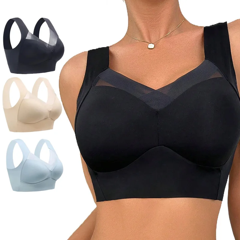 1Pc One-Piece Non-Marking Wide Straps Sexy Ice Sik Sports Bra Easy to Gather No Steel Ring with Bra Pads Underwear