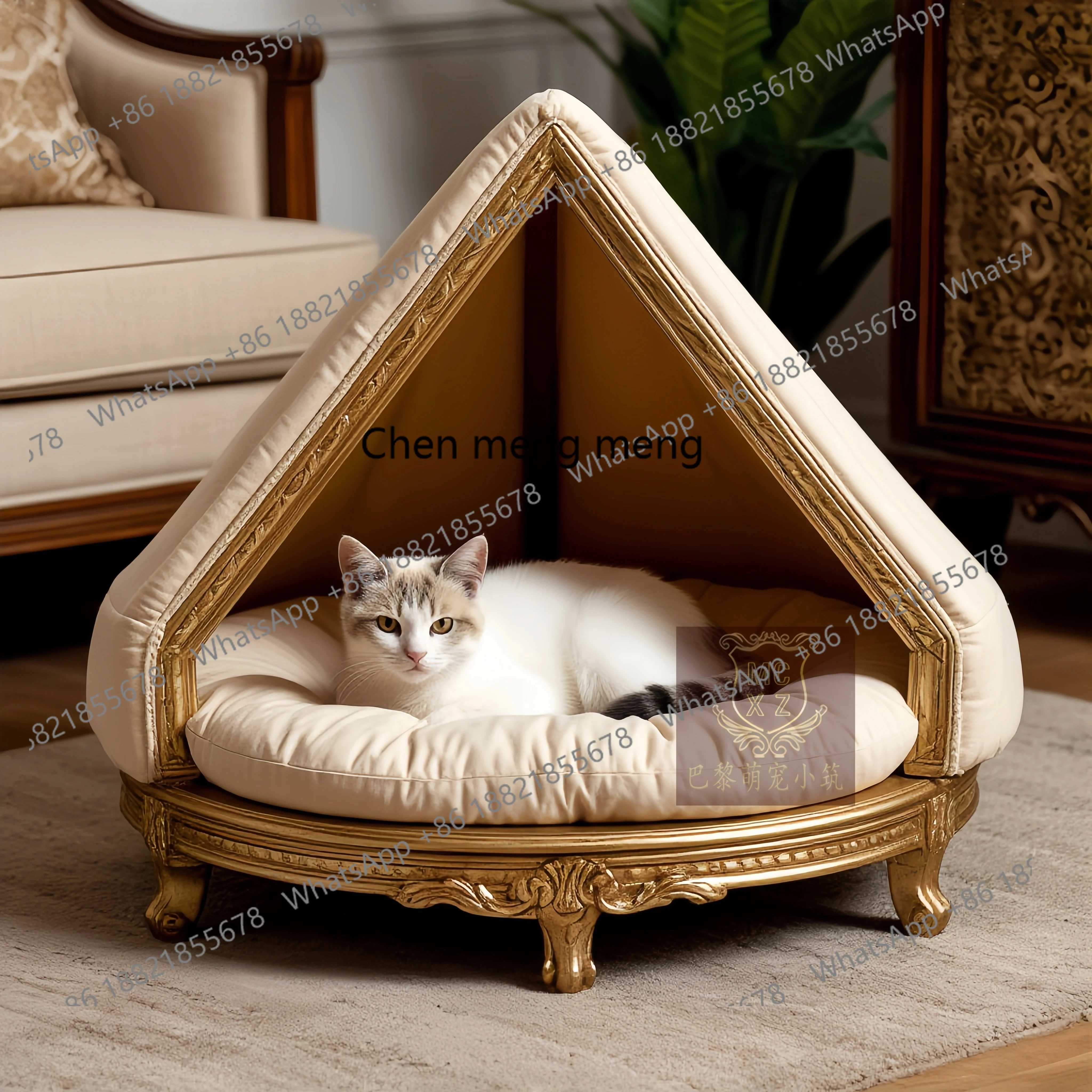 

European solid wood cat bed kennel indoor pet nest small dog carving luxury round cat house