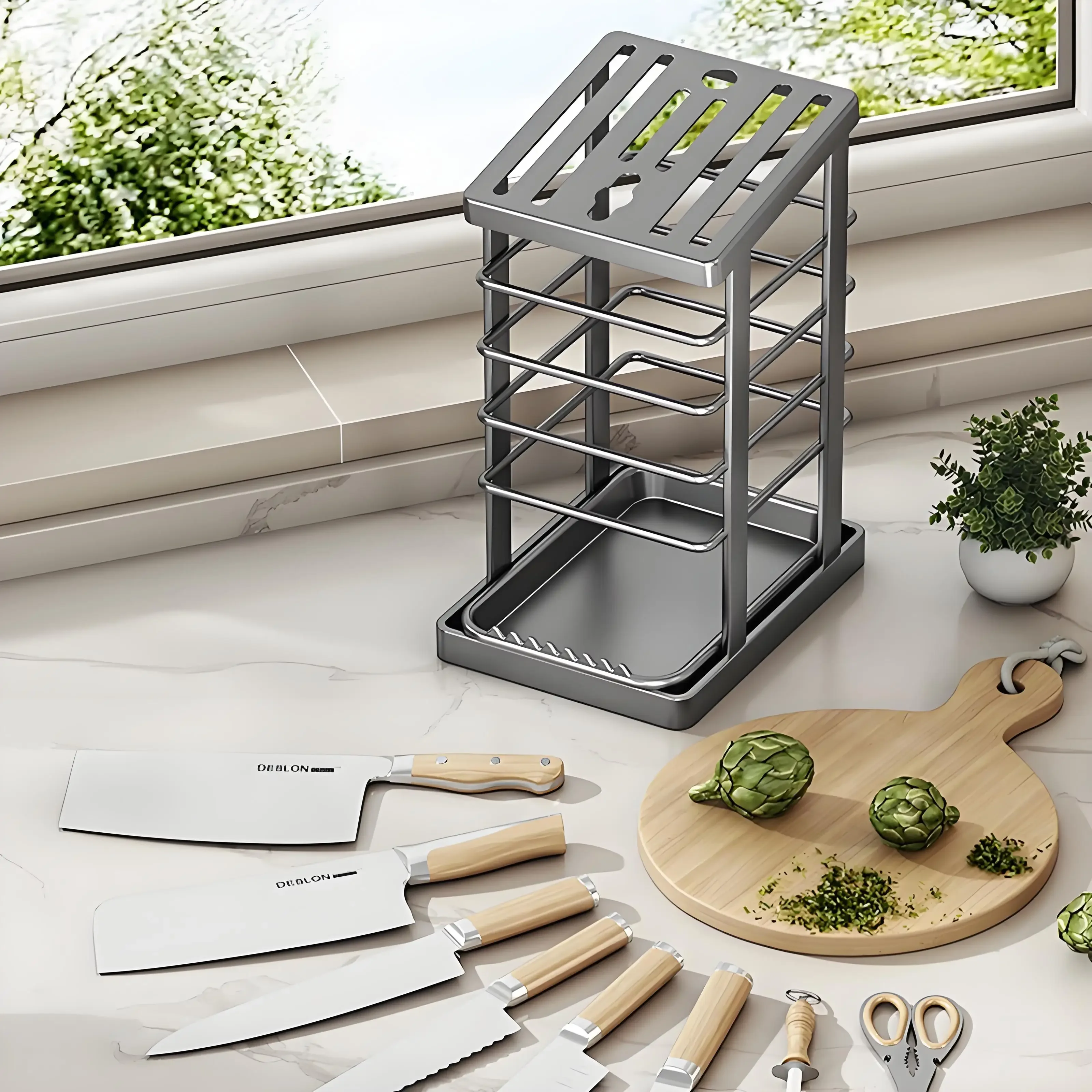 Stainless Steel Knife Holder With Tray Large Chef Knives Scissors Stand Kitchen Supplies Tool Storage Rack Home Organization view 3
