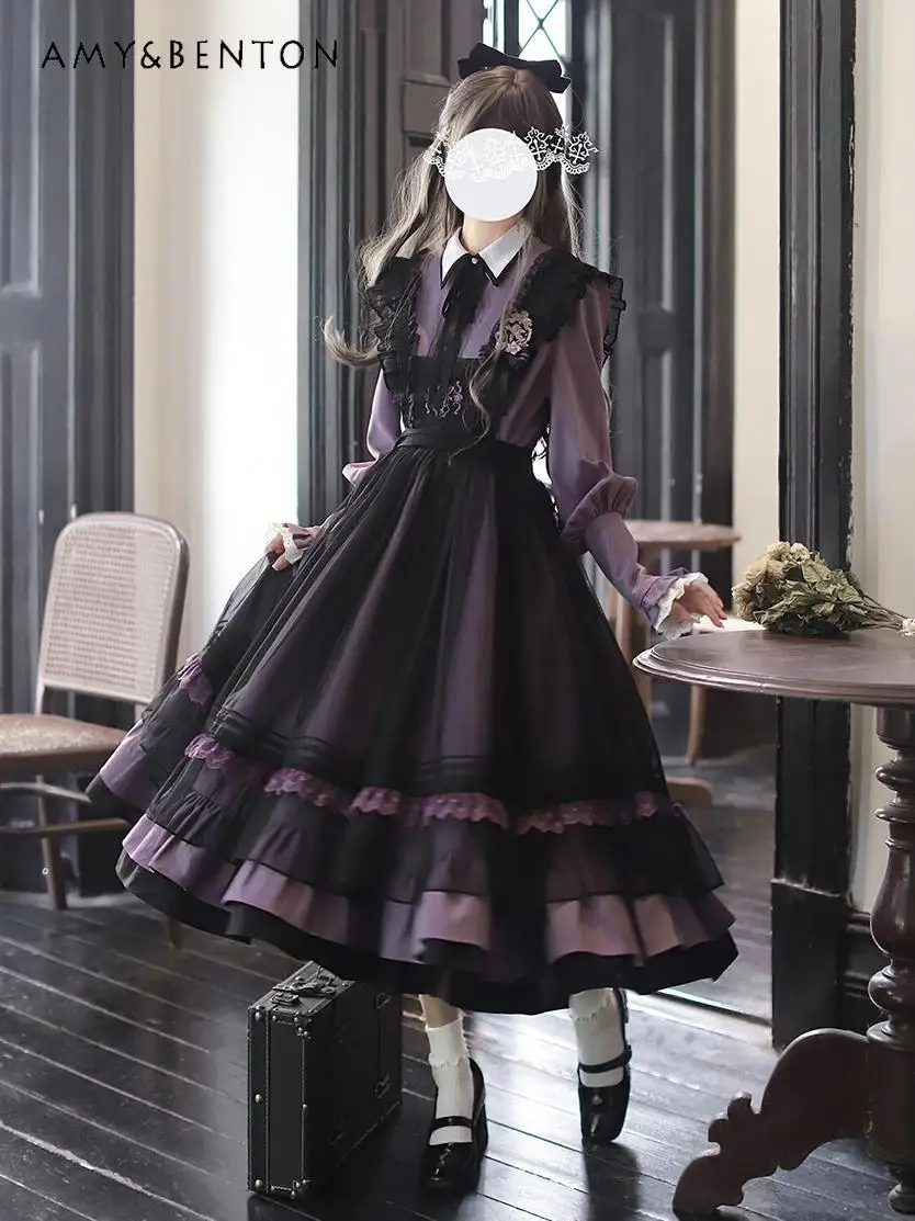 

2025 Spring and Autumn New Purple Black Long Sleeve Dress Embroidered Mesh Dress Embroidered Brooch Bow Tie Velvet Hair Clip