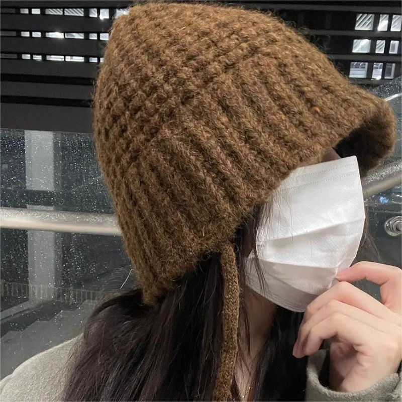 Autumn Winter Simple Sweet Cool  Knitted Hats Thicken INS Korean Vintage Beanies Lace Up Loose Premium Feel Soft Versatile Cap