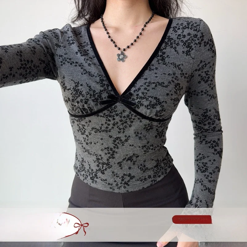 Go Girl Go Long Sleeve Flocking T-Shirt Women's Slim Fit V-Neck Sexy Deep V-Neck Base Top Polyester Spandex Blend Short Length