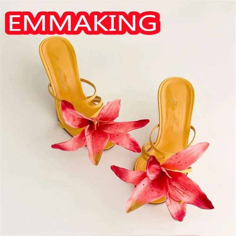 زنبق الأزهار الدانتيل يصل كعوب عالية على الموضة أحذية النساء 2024 مختلط اللون المدرج الرقص بنات حفلة المصارع الصيف الصنادل حجم 44