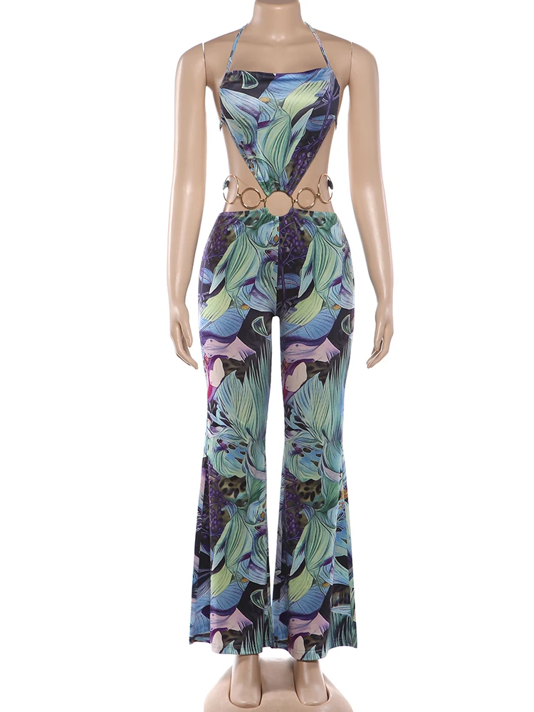 Kombinezon damski Cutenew Y2K z kolorowym nadrukiem, bez talii, z metalowymi pierścieniami, wiązany na szyi, bez rękawów, z odkrytymi plecami, na imprezę na plaży.