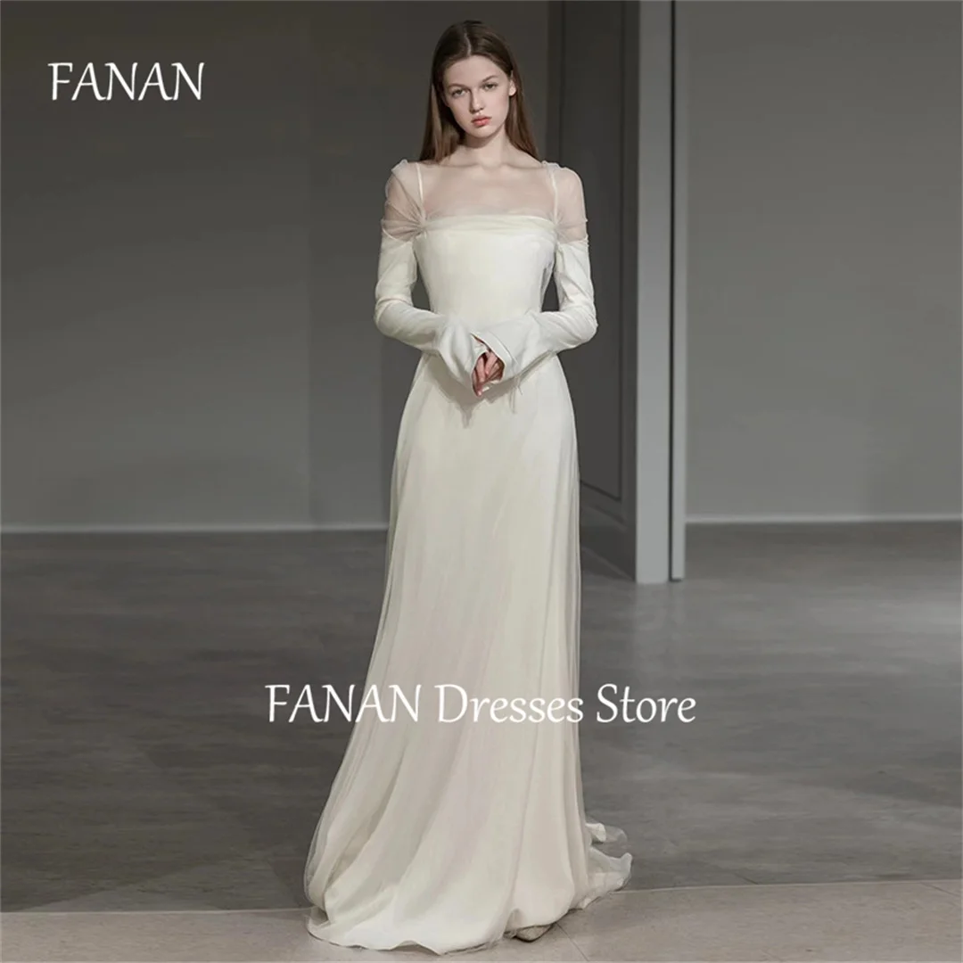 FANAN Korea Long Sleeve Square Collar Wedding Dresses Sheath 웨딩드레스 Ivory Sexy Backless Satin Customized Bride Gowns Plus Size