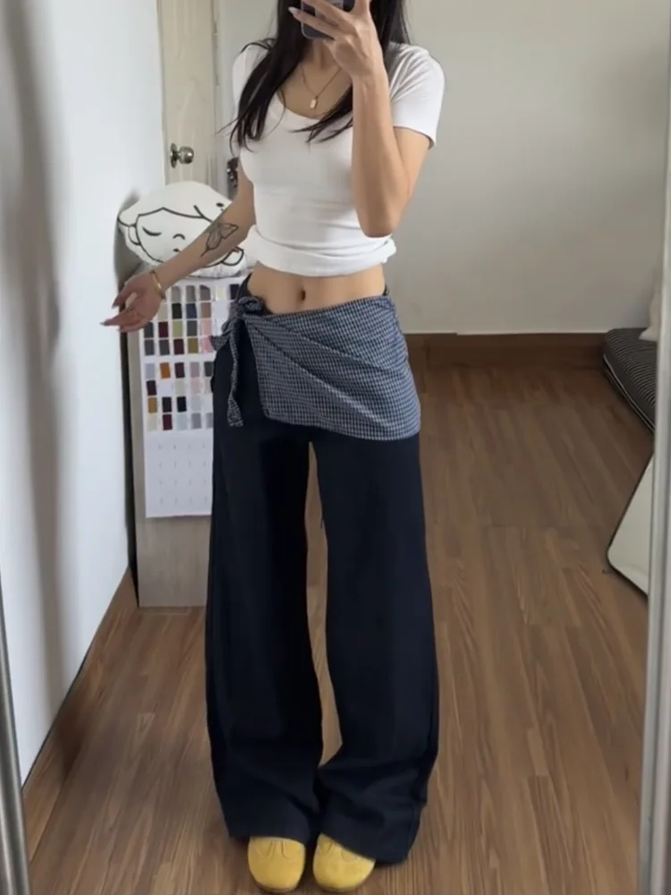 

Retro Plaid Belted Overlap High Waist Wide Leg Jeans Women's Design Sense Casual Straight Leg Pants Soft Denim Four Seasons