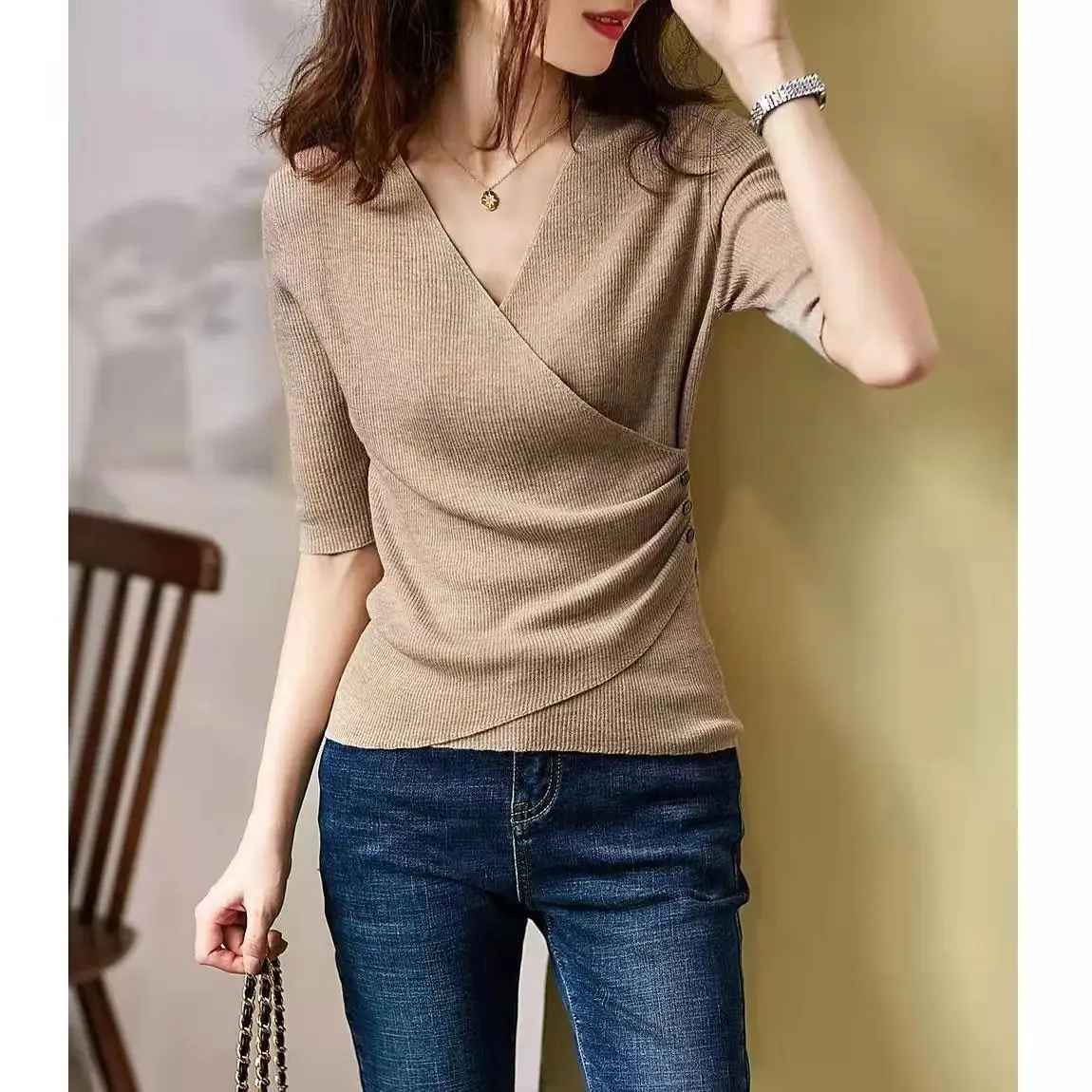 New Cross Fashion Wrap Style Five Quarter Sleeve Slim Fit Versatile V-neck Sweater Knitted Base Top