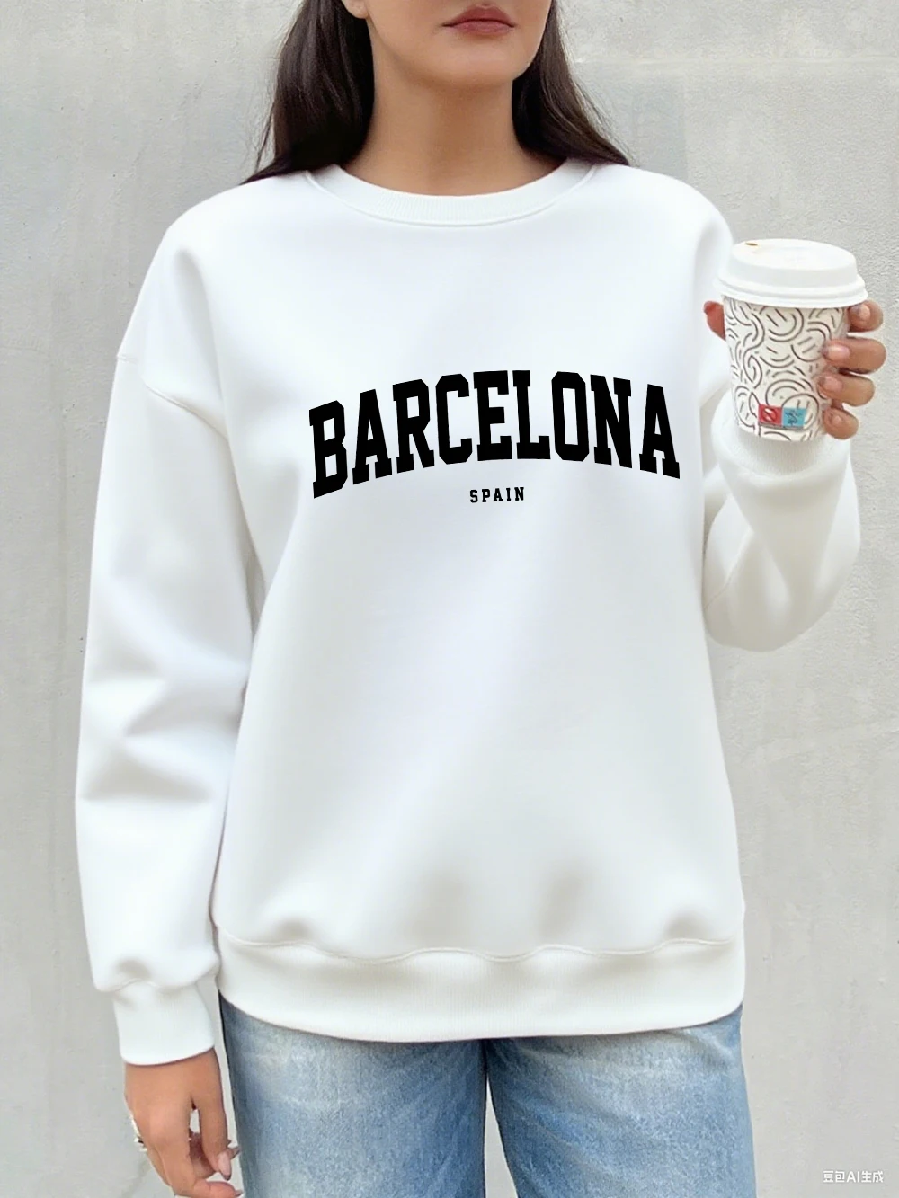Sudaderas con estampado de Barcelona España para mujer, sudaderas básicas con cuello redondo, Jersey cálido de lana holgado, ropa cómoda de invierno para mujer