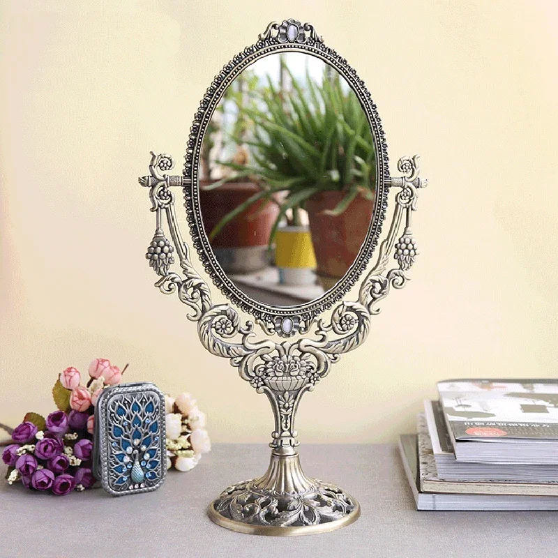 

Vintage Metal Cosmetic Mirror European Grape Branch with Flowers Design Double Sided Table Decor Swing Princess Mirror Standing