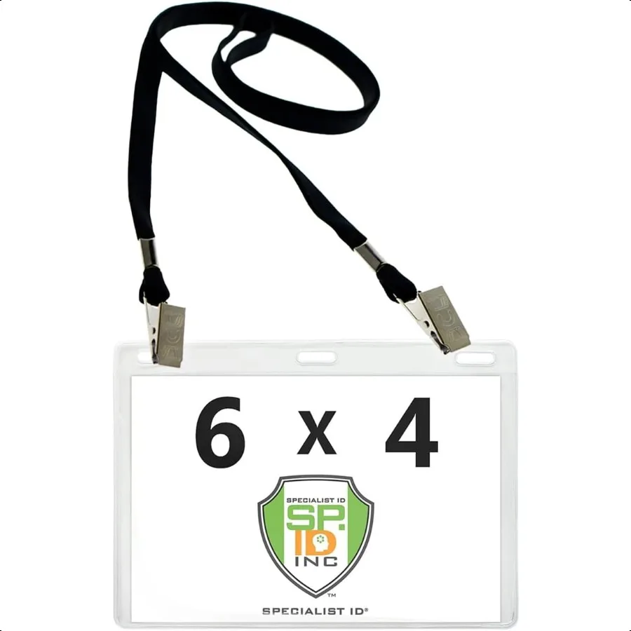 

10 Pack 6x4 Badge Holder Horizontal Name Tag Holder Lanyard with 2 Clips Extra Large Clear Vinyl Plastic Horizontal 4x6 Badge H