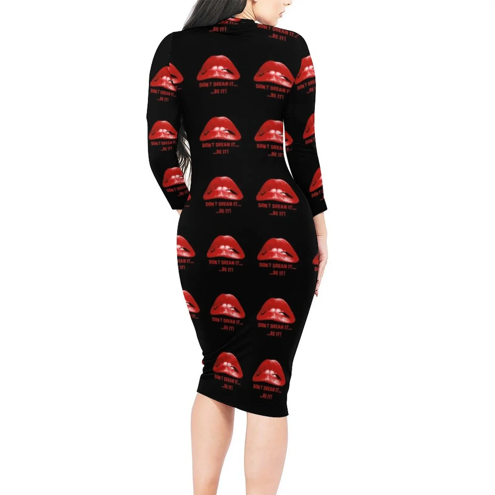 Lips Print Bodycon Dress Autumn Do Not Dream It Vintage Dresses Female Long Sleeve Printed Street Fashion Dress 3XL 4XL 5XL