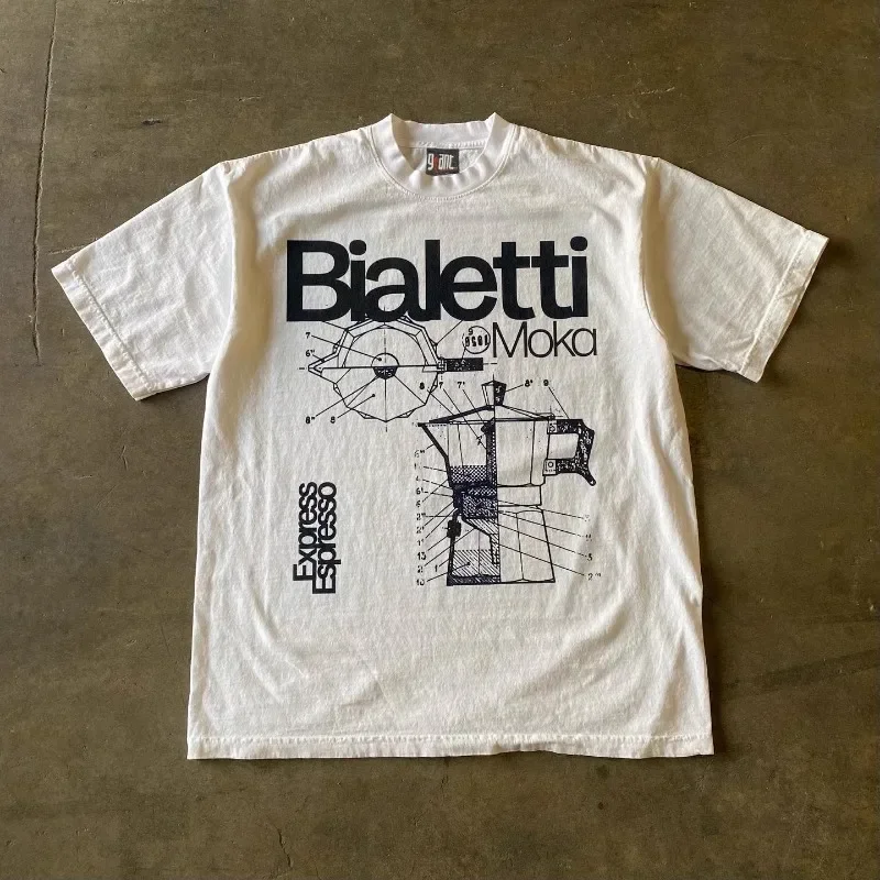 Vintage Bialetti Printed Men\'s T-Shirt Cotton Casual O-Neck Short Sleeve Womenâs Streetwear Tee Oversize High Quality Tees Tops