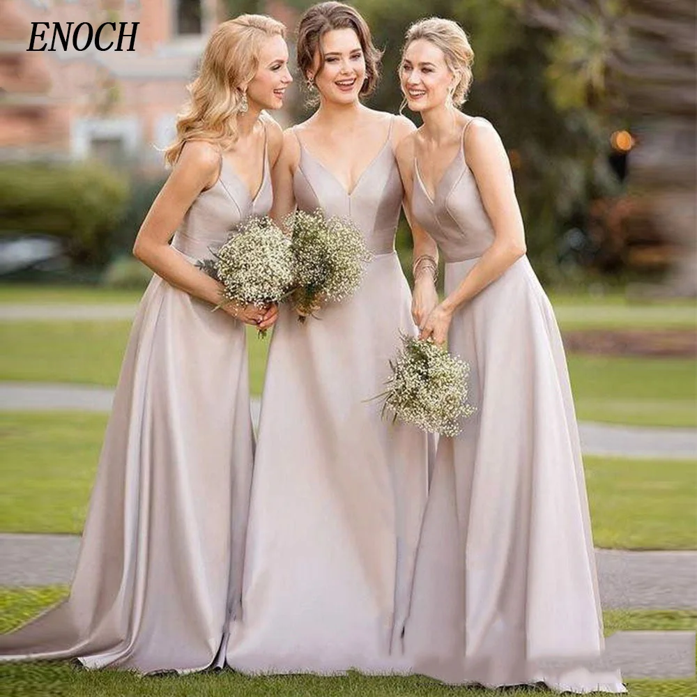 

ENOCH Simple A-Line Bridesmaid Dresses V-Neck Spaghetti Straps Backless Zipper Back Floor Length Party Gown Düğün Parti Elbise