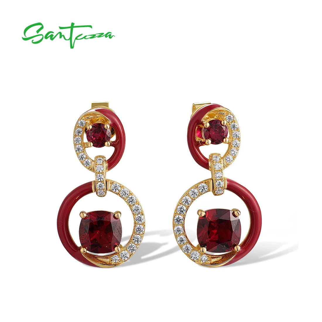 SANTUZZA Authentic 925 Sterling Silver Drop Earrings For Women Sparkling Created Ruby Enamel Circle Wedding Gifts Fine Jewelry