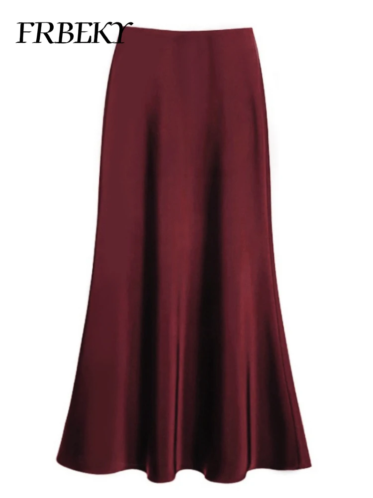 Falda larga de medio cuerpo de satén para mujer, cintura alta, sección delgada, paquete de Color puro, cola de pez a la cadera, nueva