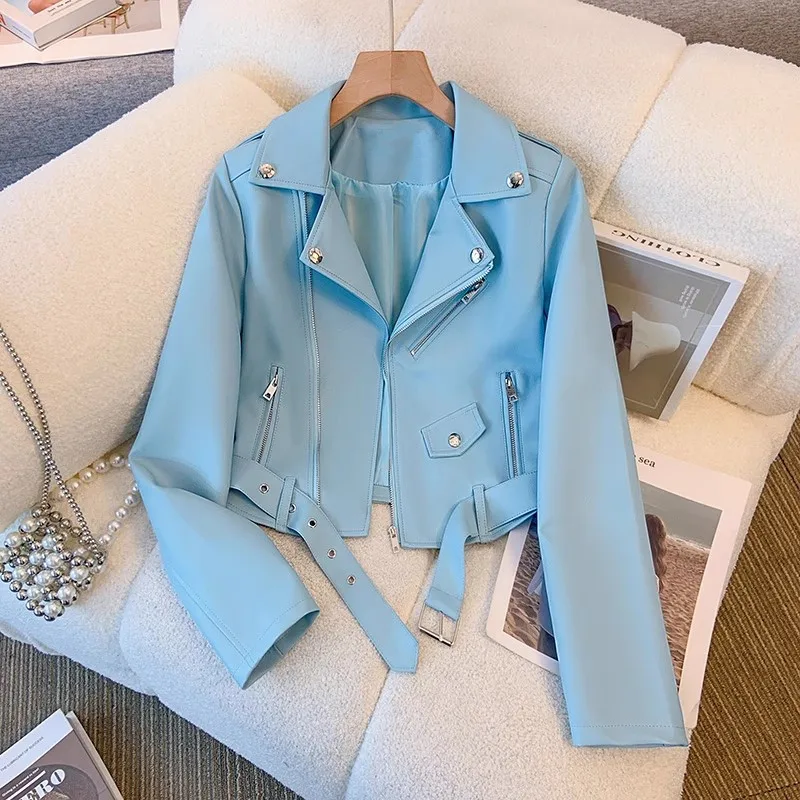 Black White Sky Blue Faux Pu Leather Jacket Women Slim Short Coat With Belt Lapel Long Sleeve Spring Autumn Female Streetwear
