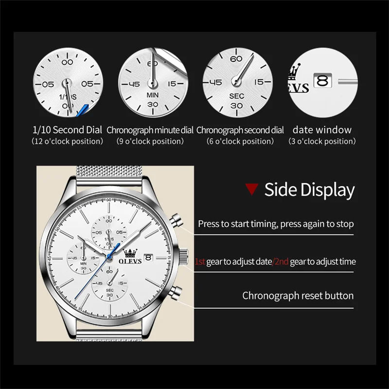 OLEVS Men Watch Chronograph Sports Quartz Mens Watches Silver Mesh Belt Date Luminous Waterproof Wristwatch Men Relogio