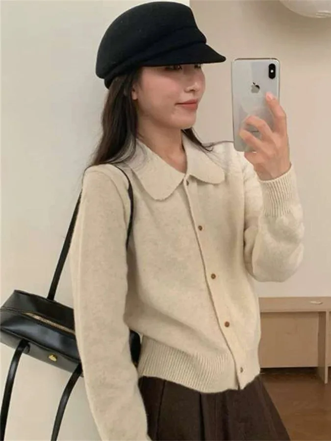 Fashionable Anti-Aging Knitted Long Sleeve Collared Single Button Pure Color Versatile Simple Design Autumn Winter New Style Top