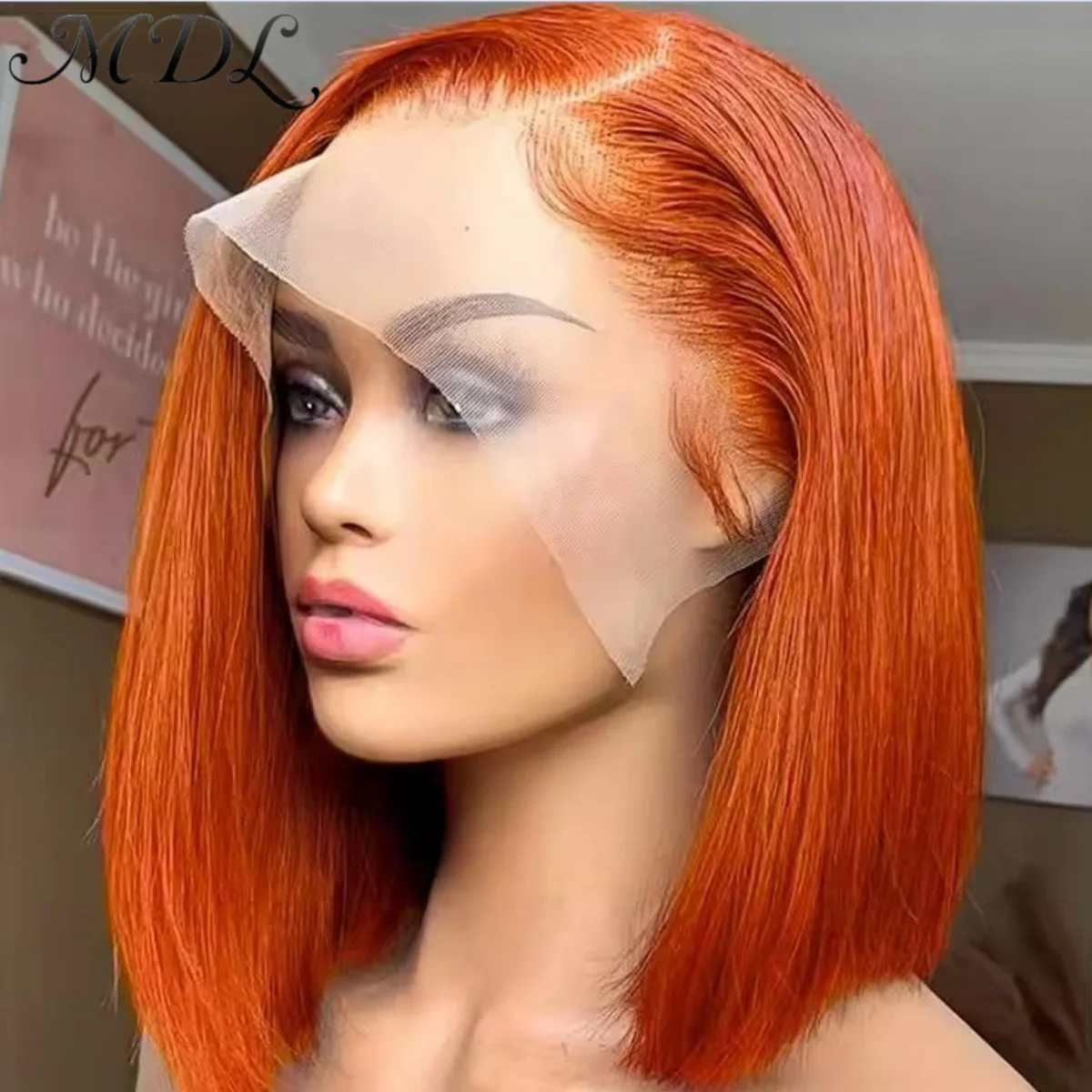 

MDL 100% Remy Human Hair 13x4 HD Lace Front Frontal Short Straight Bob Wig for Women Pre Pulcked Ginger Orange Color