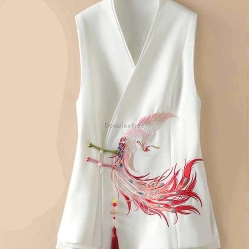2026 new chinese style sleeveless vest women's autumn new phoenix-pattern embroidered white vest top women's trendy bucket top