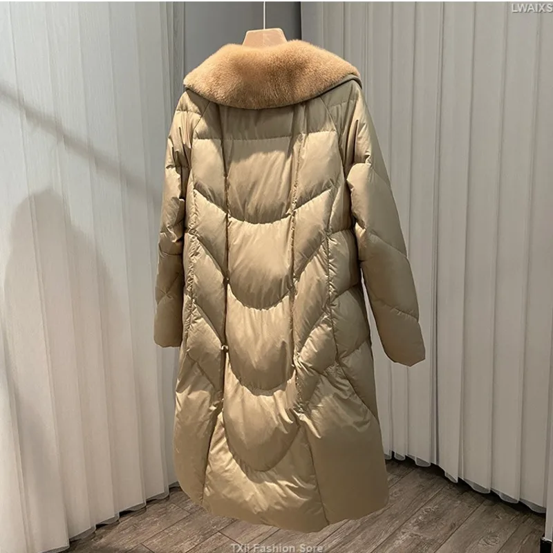 Luxury Slim Long Down Parkas Women Real Mink Fur Collar Hooded Coats Winter Thick Warm White Goose Down Jackets Lady Outerwear