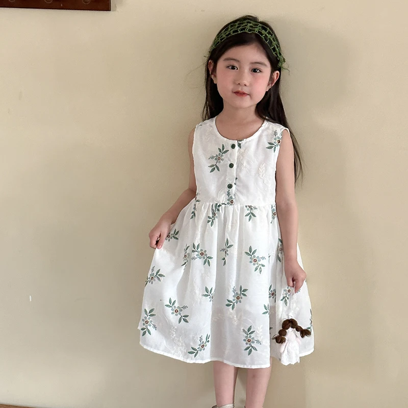 Children's Summer Clothing 1-10Y Elegant Girls' Flower Embroidery Vest Dress Lovely Kid's O Neck Sleeveless Dress Girls' Outfits