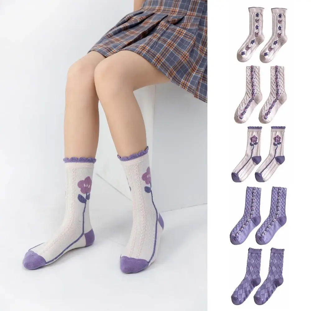 5 أزواج الأرجواني سلسلة الأزهار جوارب أنبوبية Bowknot زهرة الفتيات منتصف العجل الجوارب Harajuku تنفس الحلو جورب النساء فتاة المراهقين #4