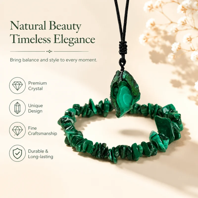 Natural Malachite Rough Slice Pendant Necklace Irregular Chip Beads Bracelet Set Chakra Healing Crystal Spiritual Women Gift