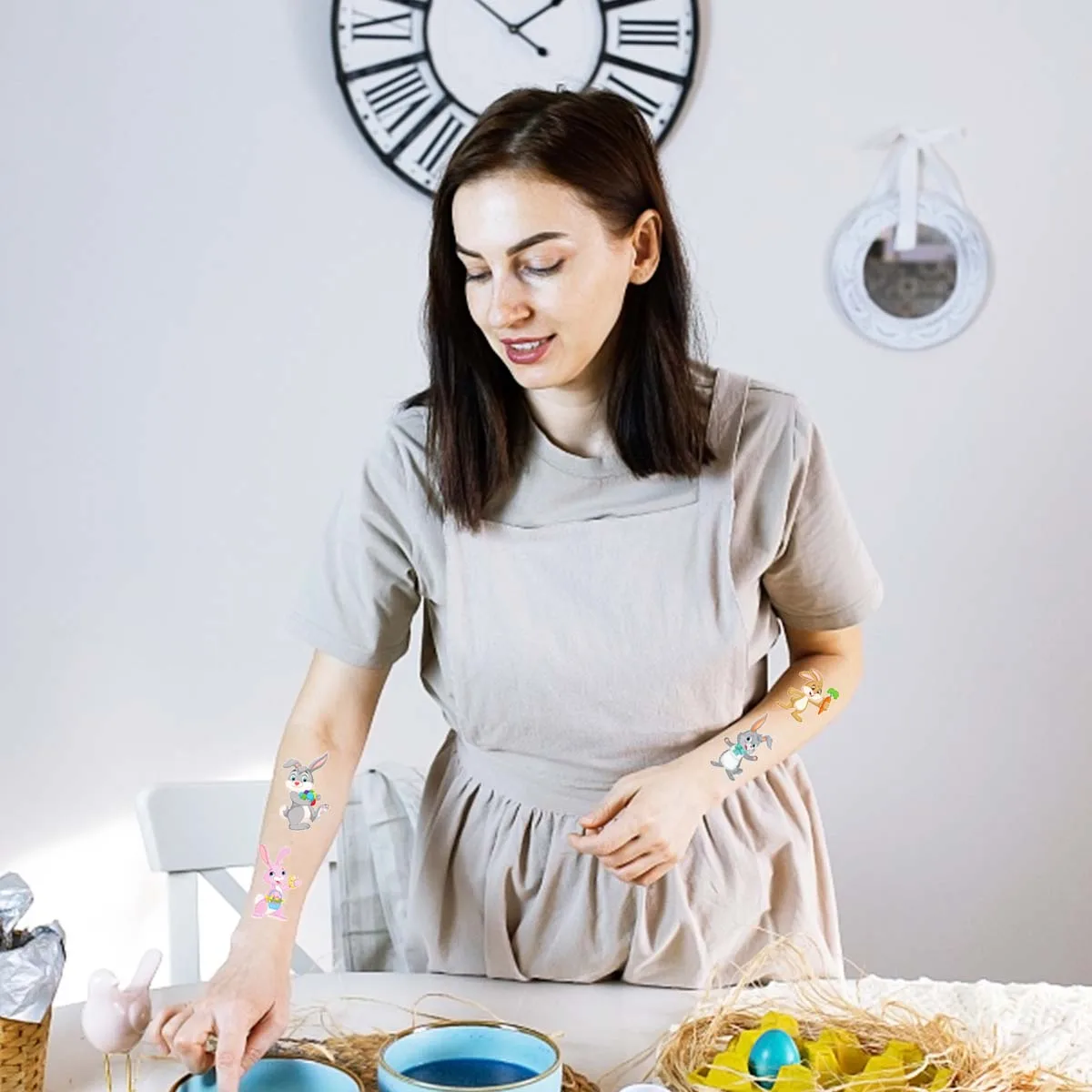 10 pezzi autoadesivo del tatuaggio di pasqua pulcino di pasqua coniglio cartone animato impermeabile bambino braccio viso tatuaggio decalcomania 2024 primavera pasqua adesivi per feste