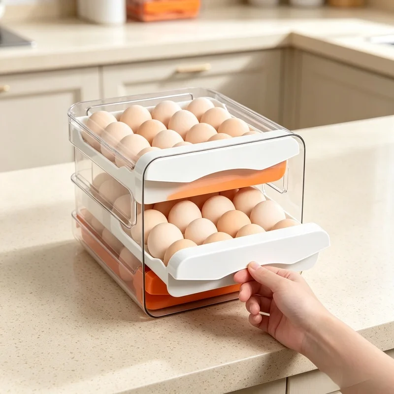 Double-Layer Drawer Style Egg Storage Box, Automatic Scrolling Refrigerator Egg Holder for Kitchen Egg Organizing