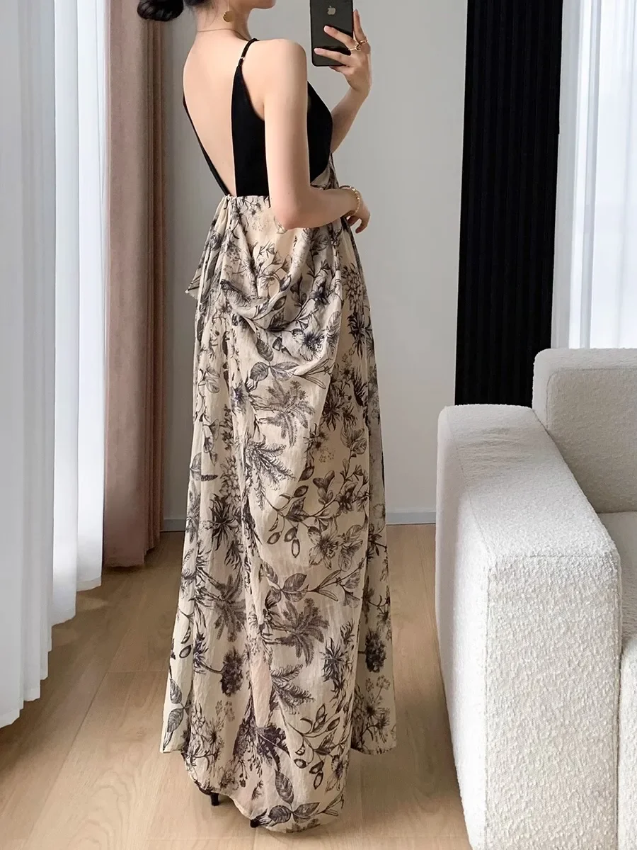 

French Retro Contrasting Suspender Dress For Women In Summer 2025, New Spliced Floral Beach Vacation Long Dress