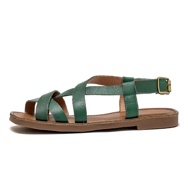 DRKANOL Literary Style Women Sandals 2024 Summer Cross Genuine Leather Open Toe Flat Sandals Women Metal Buckle Casual Shoes