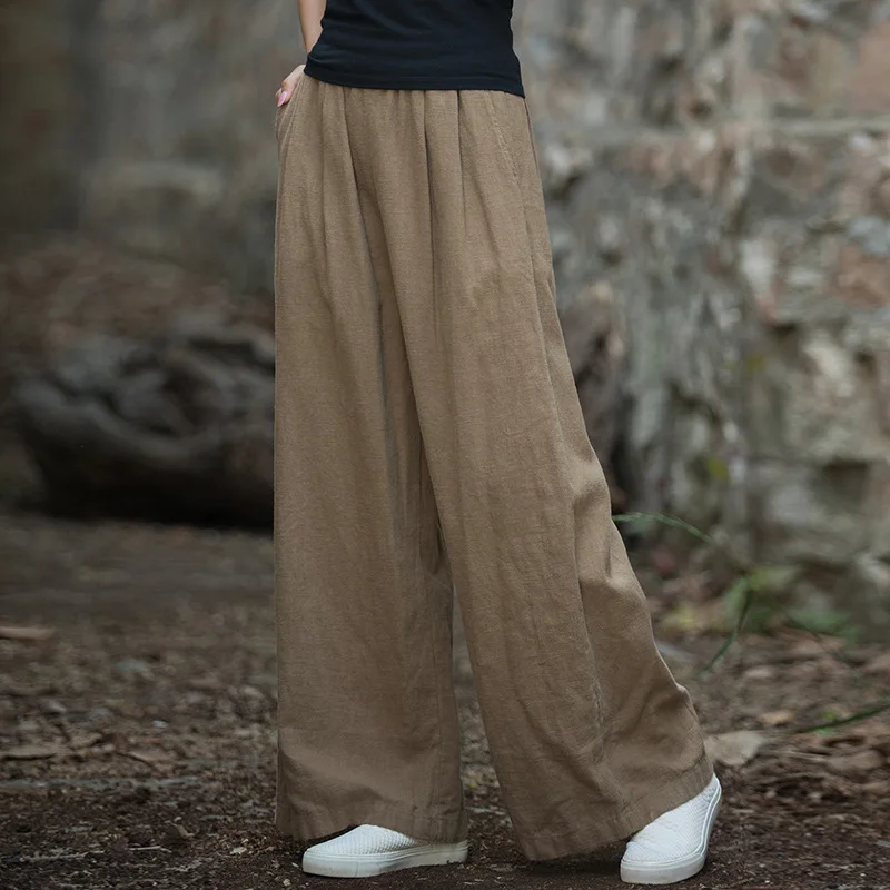 Spring Summer Cotton Linen Wide-leg Pants Women's Clothes Retro Casual Trouser All-match Straight Pants Black Elastic High Waist